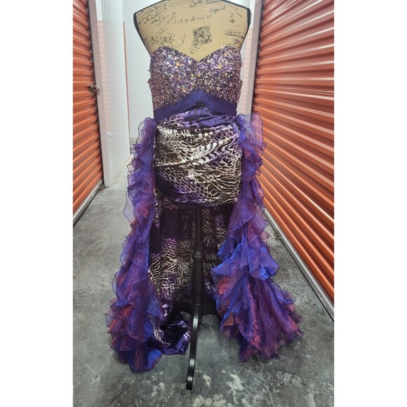 Panoply Purple Animal Printed Iridescent Ruffled Long Train Dress Size 8 - Picture 2 of 10